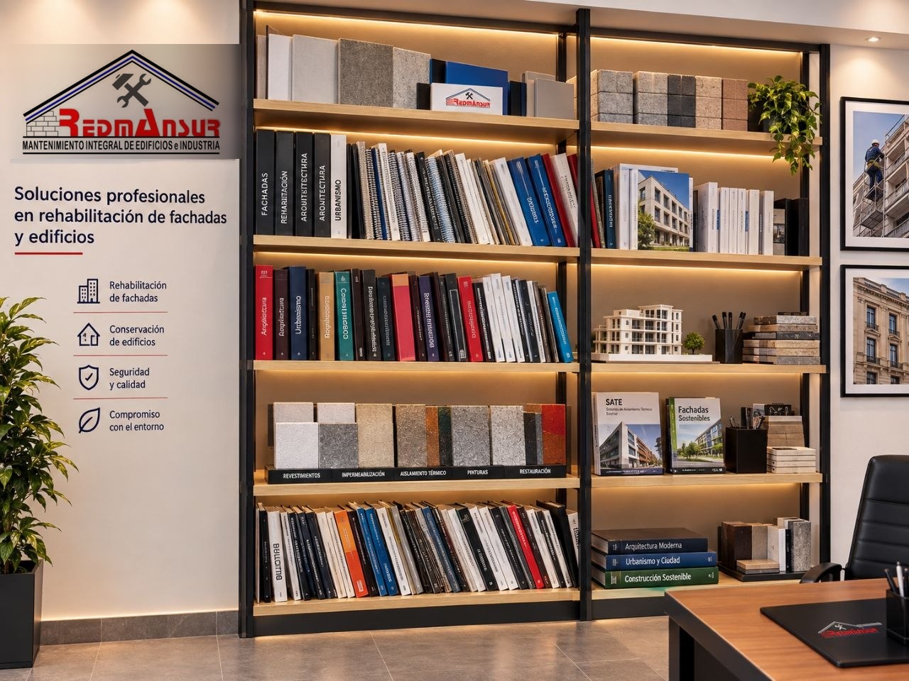 Zona de archivo y estanterías de la oficina de Redmansur en Alcorcón